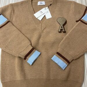 Ami Tan Sweater with Sky Blue and Chocolate Accents